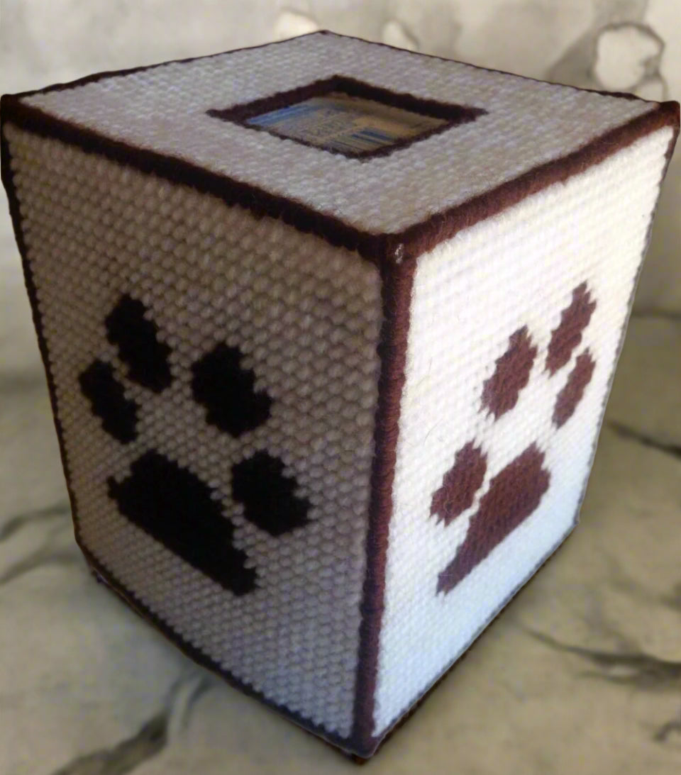 Handmade Plastic Canvas Tissue Box Cover – Paw Print Design, Brown and white stitched
