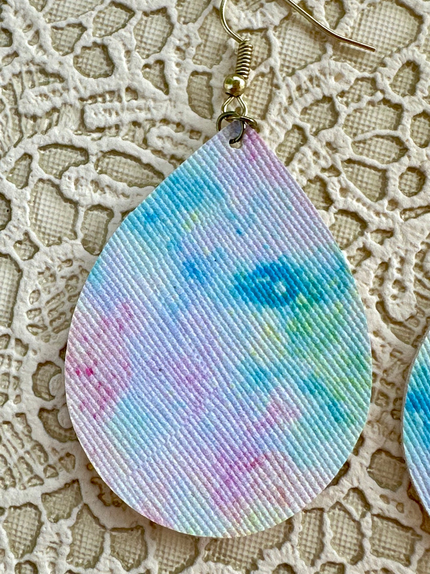 Pastel Watercolor Teardrop Earrings – Faux Leather Spring Dangle Earrings for Women