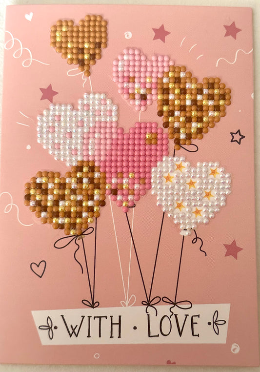 Heart Balloon Diamond Art Greeting Card – Handmade Blank Card with 3D Sparkle Design