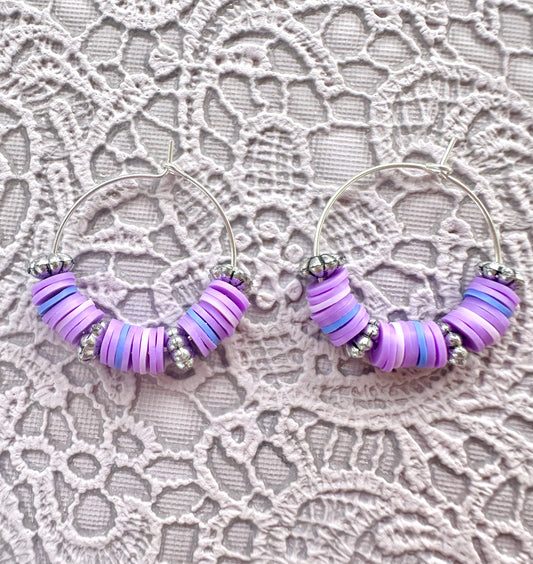 Purple Heishi Beaded Hoop Earrings – Handmade Lightweight Polymer Clay Hoops