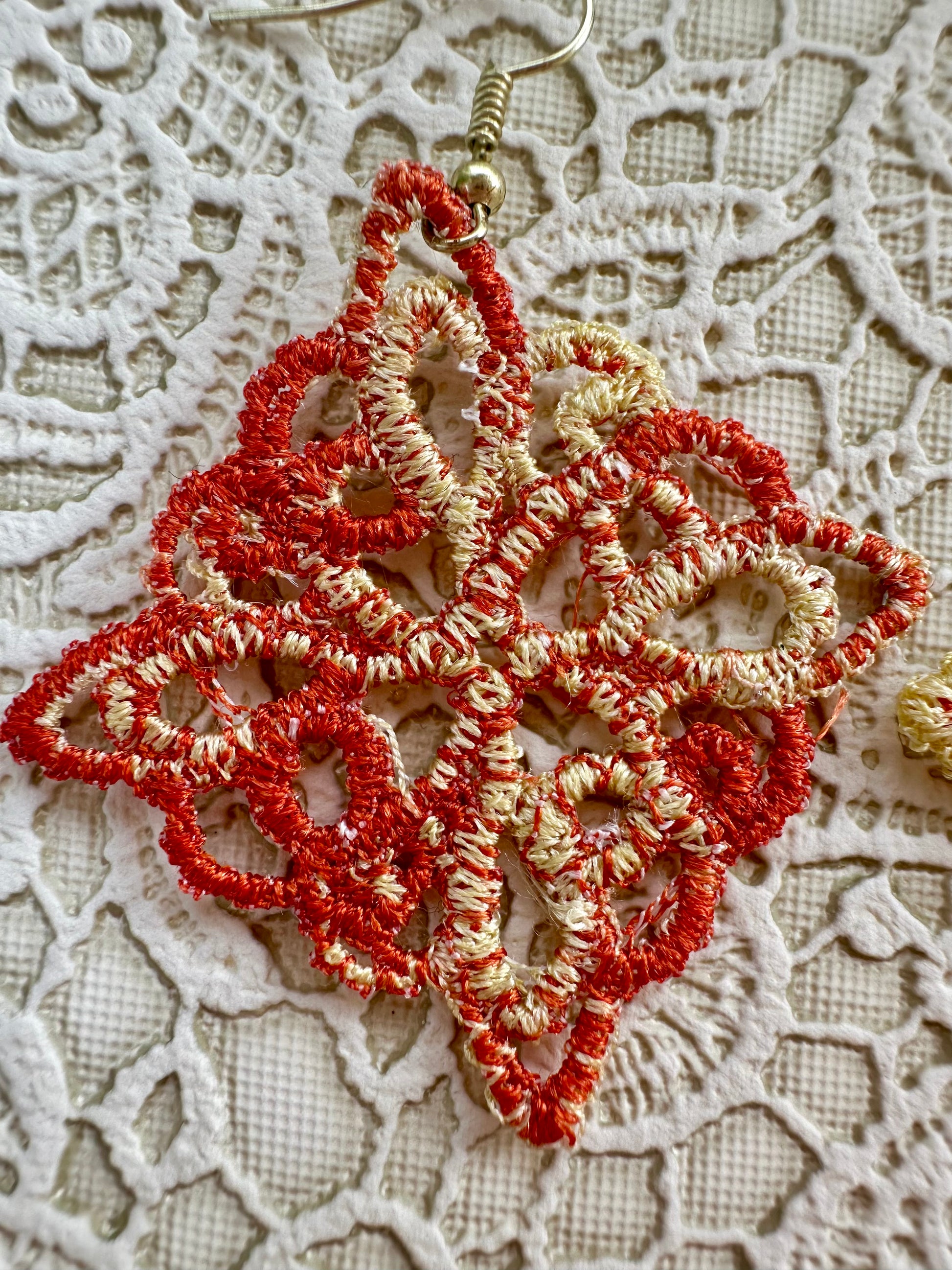 Orange and Yellow Freestanding Lace Earrings – Hand-Embroidered Thread Earrings