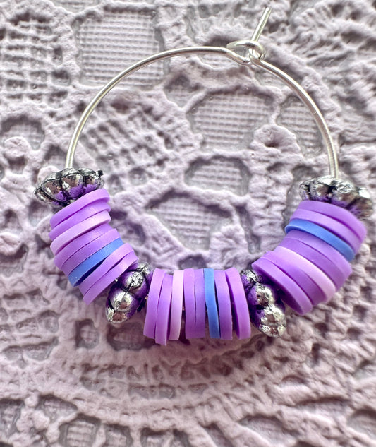 Purple Heishi Beaded Hoop Earrings – Handmade Lightweight Polymer Clay Hoops