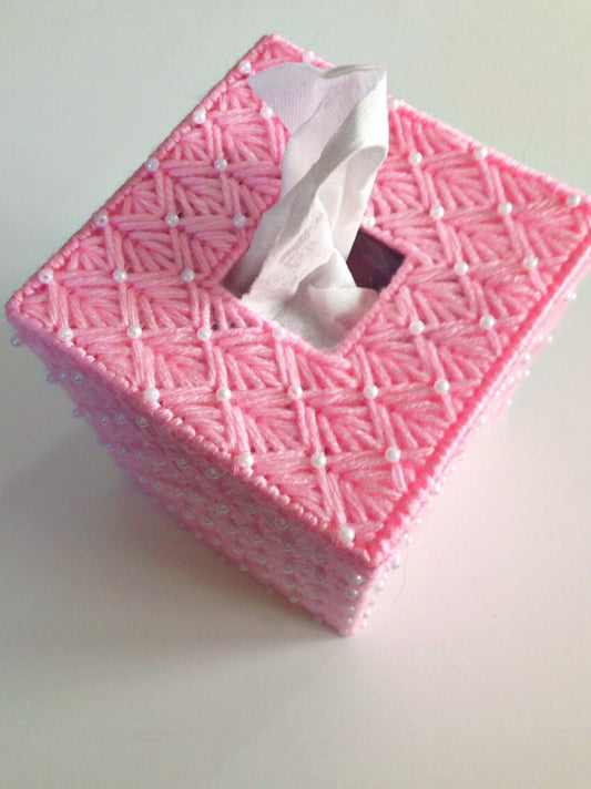 Pink Beaded Pearl Tissue Cover in Plastic Canvas