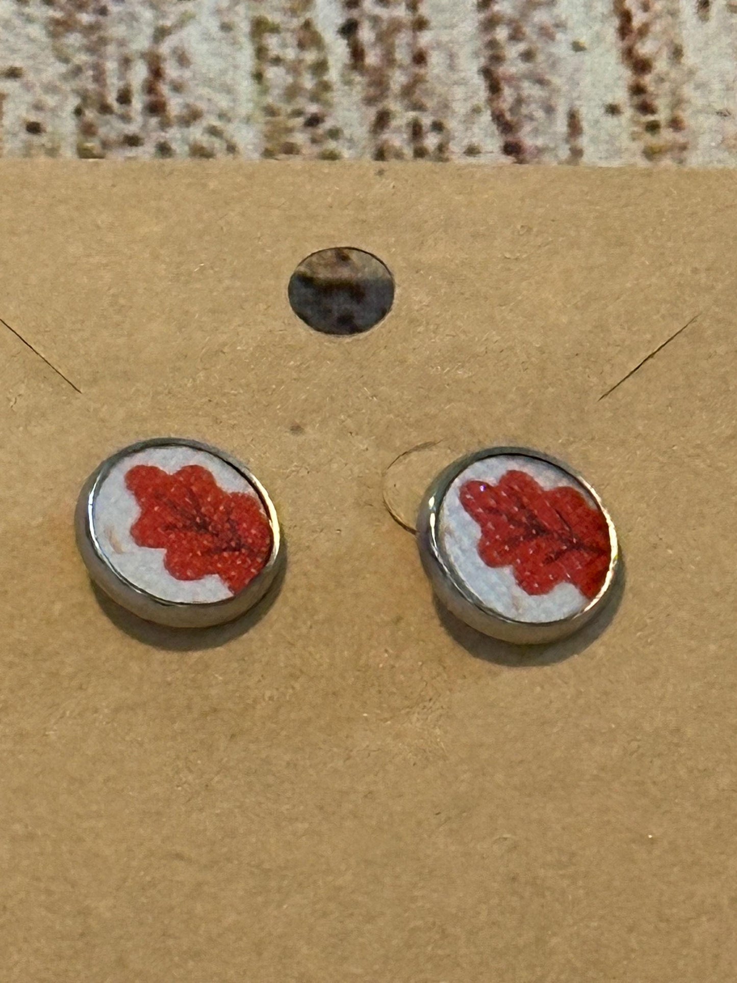Orange Leaf Faux Leather Stud Earrings, 10 mm