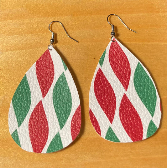 Red, Green, and White geometric pattern Christmas Faux Leather Teardrop Earrings with fish hooks