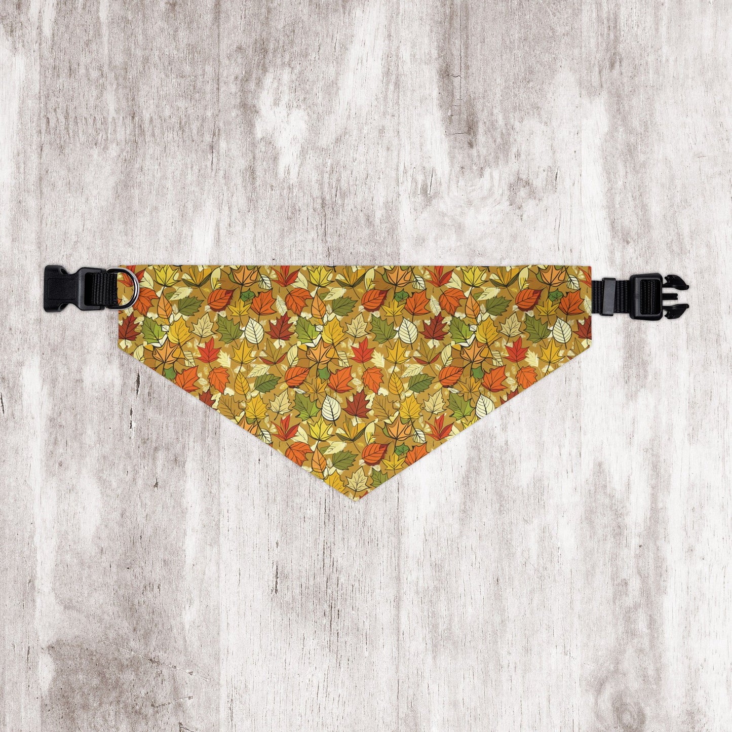 Autumn Leaves Dog Bandana – Tan Background with Yellow, Orange, Green & Red Leaf Pattern