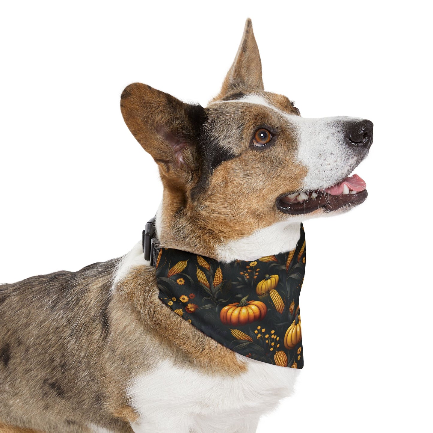 Fall Harvest Dog Bandana – Over-the-Collar – Pumpkins, Corn & Floral Pattern