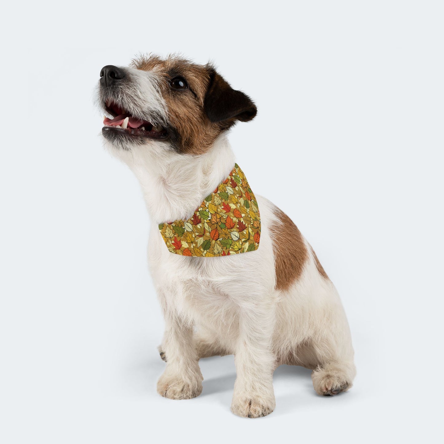 Autumn Leaves Dog Bandana – Tan Background with Yellow, Orange, Green & Red Leaf Pattern