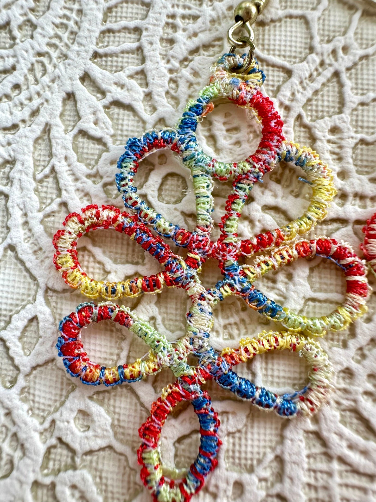 Rainbow Free Standing Lace Embroidered Earrings – Handmade Statement Jewelry