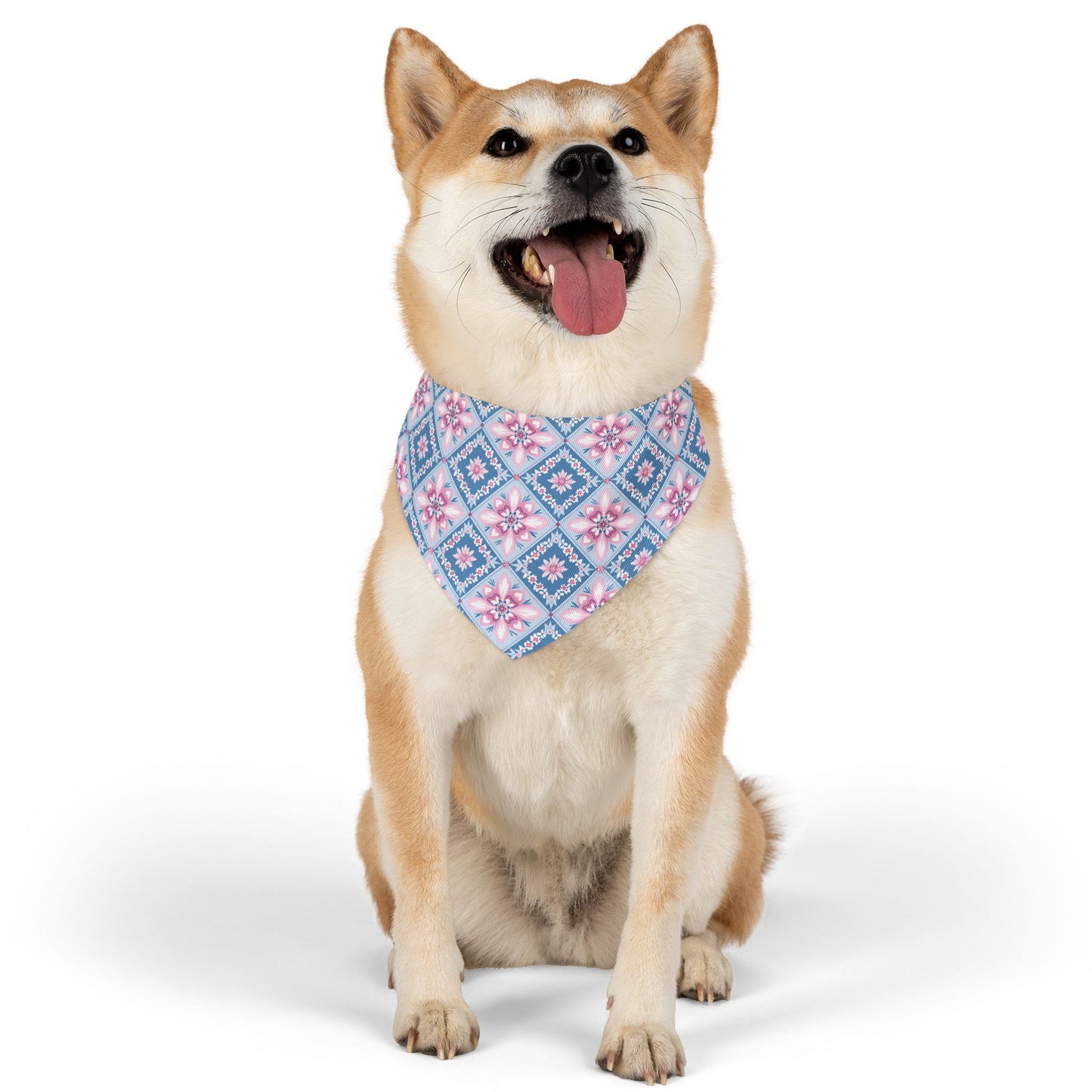 Blue & Pink Quilt Block Dog Bandana, Over the Collar