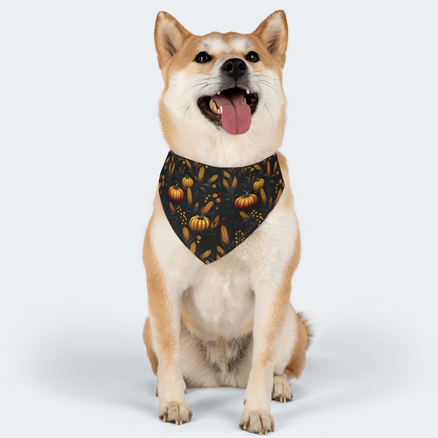 Fall Harvest Dog Bandana – Over-the-Collar – Pumpkins, Corn & Floral Pattern