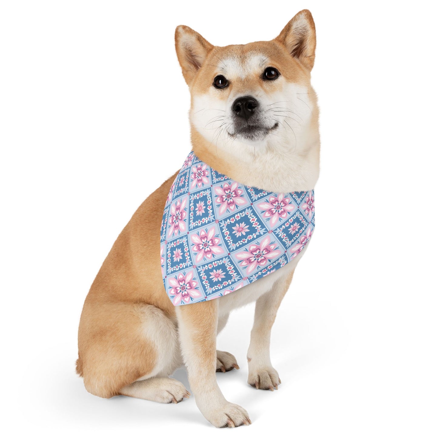 Blue & Pink Quilt Block Dog Bandana, Over the Collar