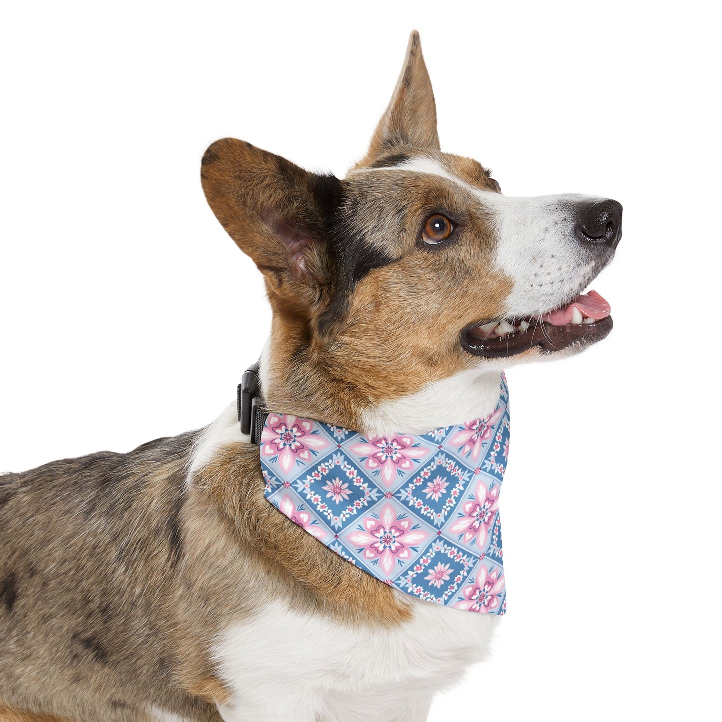Blue & Pink Quilt Block Dog Bandana, Over the Collar