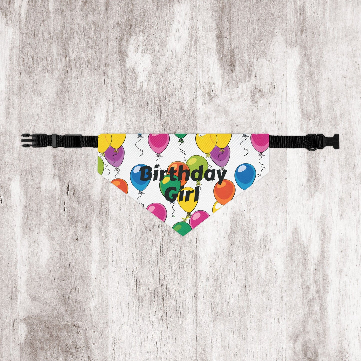 Birthday Girl Dog Bandana – Over-the-Collar Style, White with Colorful Balloons