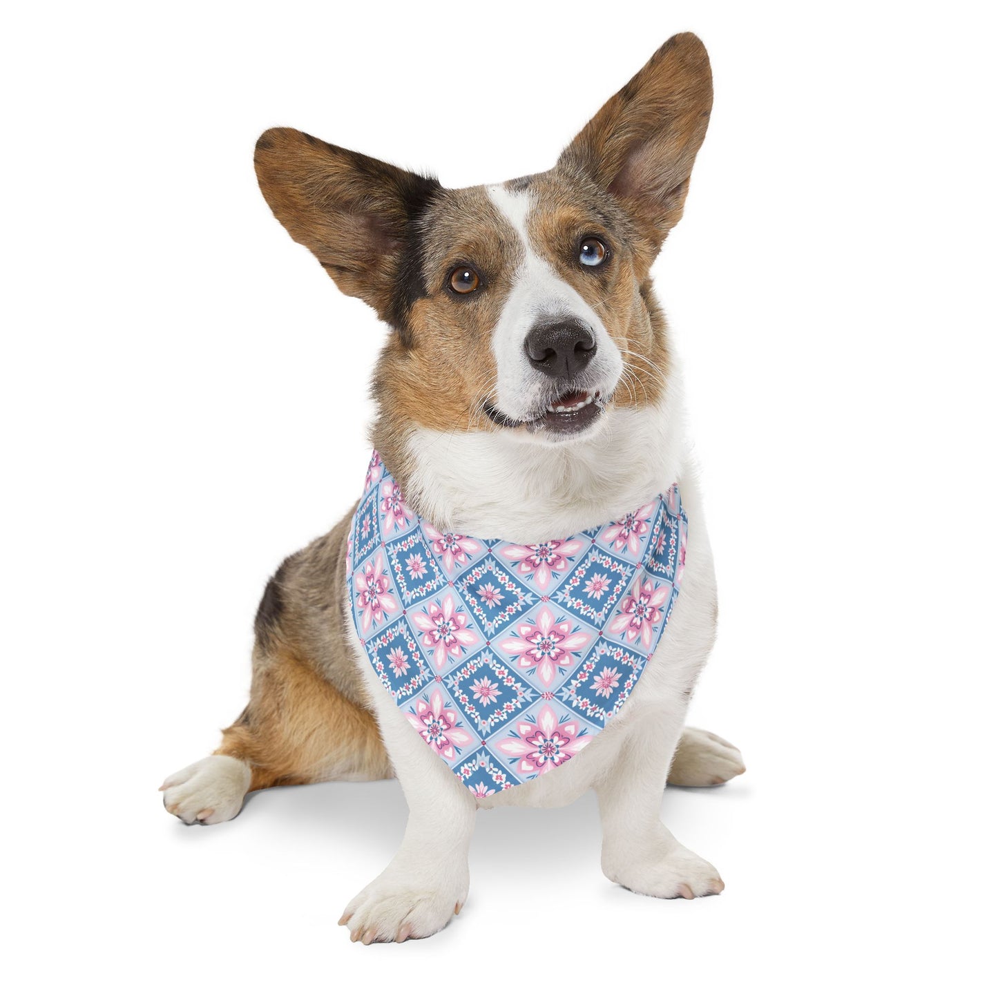 Blue & Pink Quilt Block Dog Bandana, Over the Collar