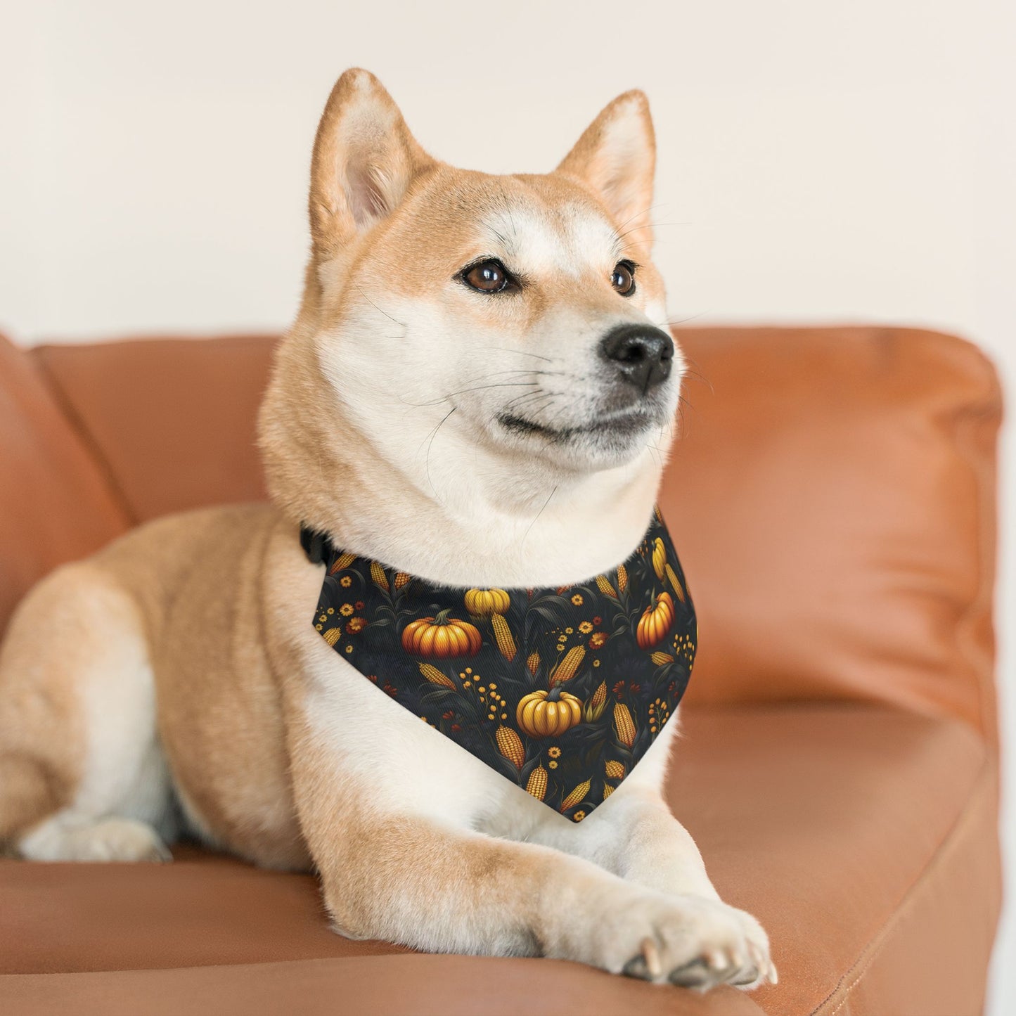 Fall Harvest Dog Bandana – Over-the-Collar – Pumpkins, Corn & Floral Pattern