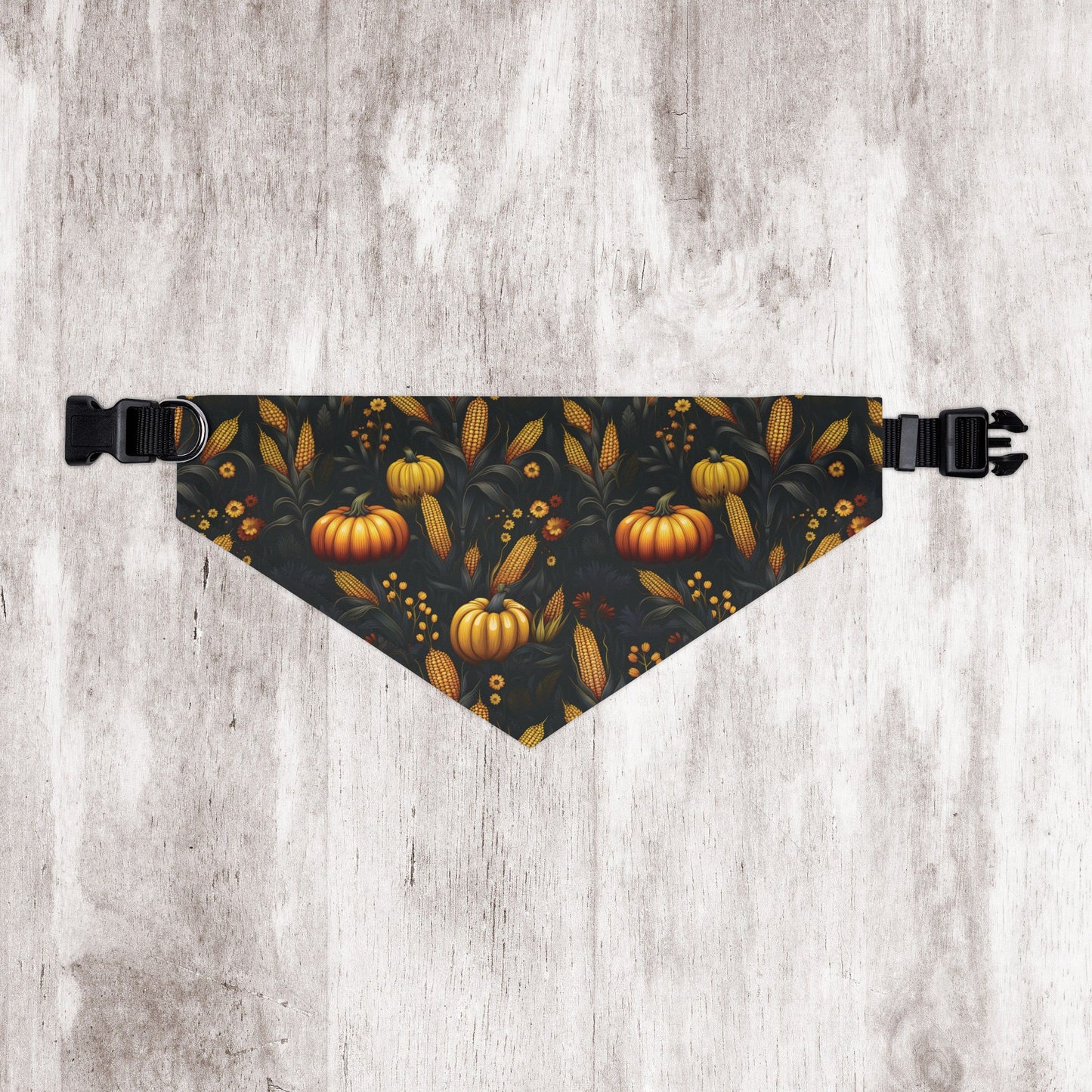 Fall Harvest Dog Bandana – Over-the-Collar – Pumpkins, Corn & Floral Pattern