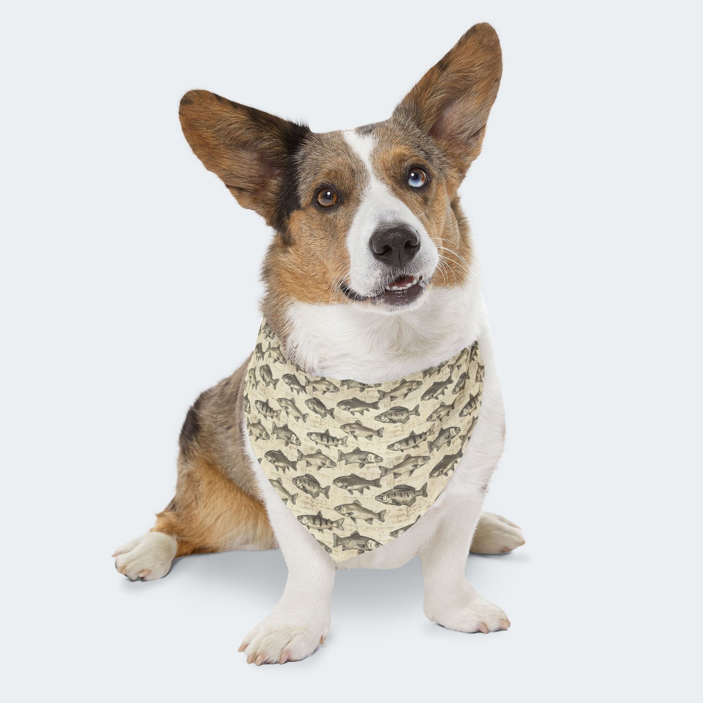 Fish Pattern Dog Bandana with Collar – Over-the-Collar Pet Bandana – Tan and Gray Dog Accessory