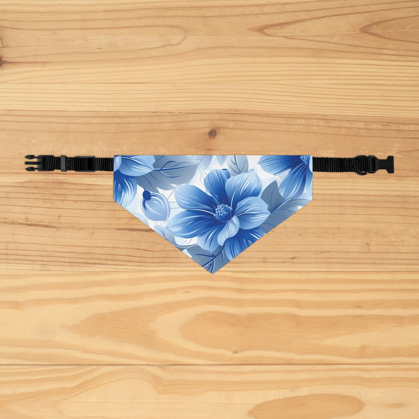 Blue and White Hawaiian Floral Dog Bandana, Over the Collar