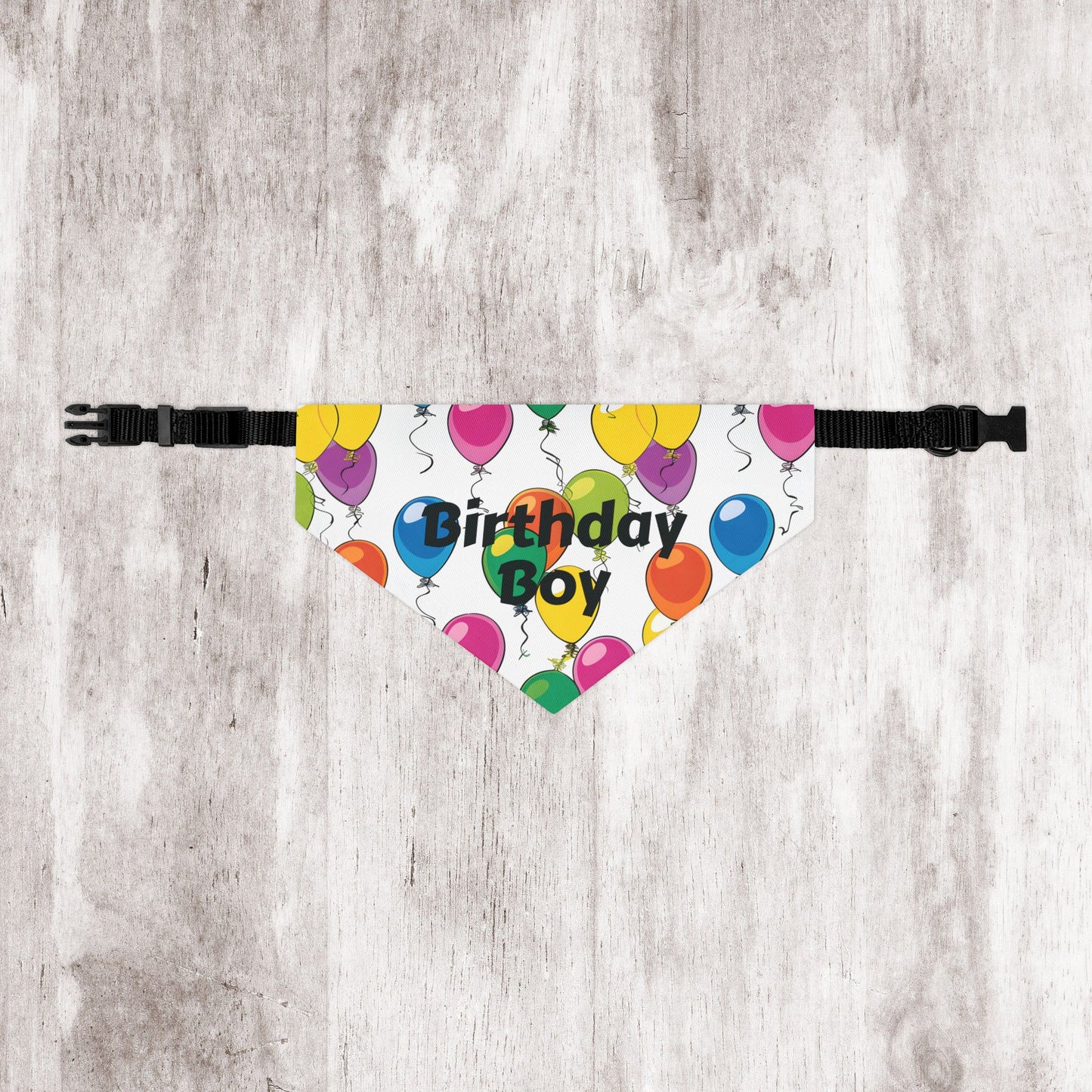 Birthday Boy Dog Bandana – Over-the-Collar Style, White with Colorful Balloons