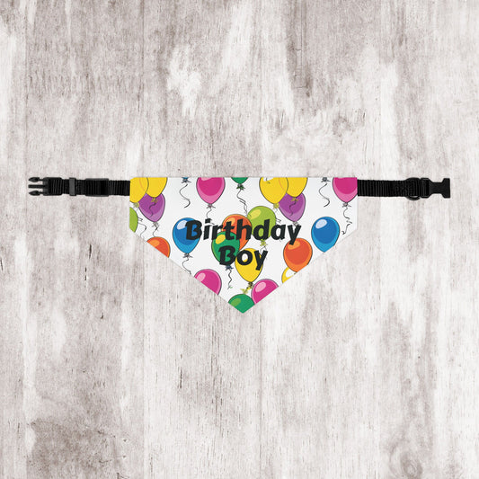 Birthday Boy Dog Bandana – Over-the-Collar Style, White with Colorful Balloons