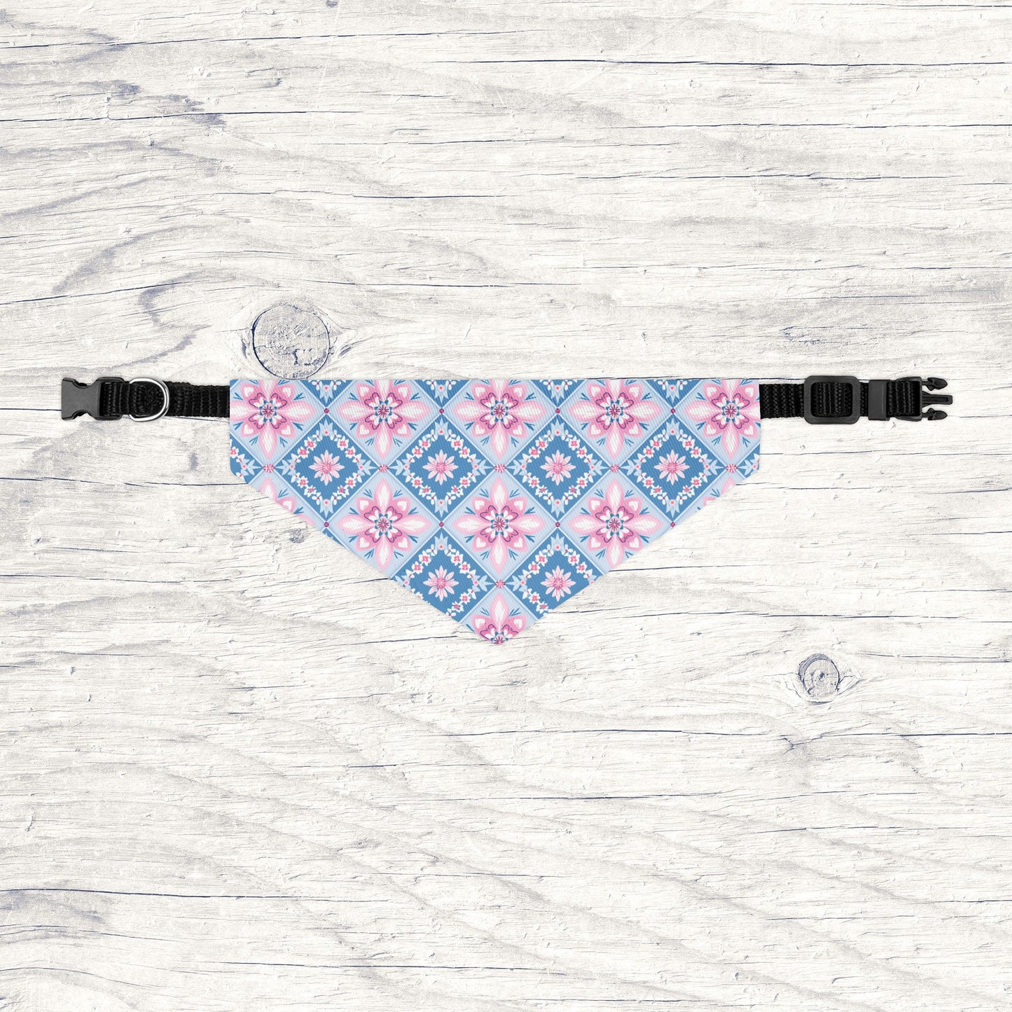 Blue & Pink Quilt Block Dog Bandana, Over the Collar