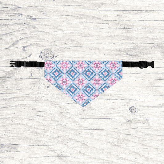 Over-the-Collar Dog Bandana – Blue & Pink Patchwork-Style Quilt Blocks | Includes Black Collar | 4 Sizes