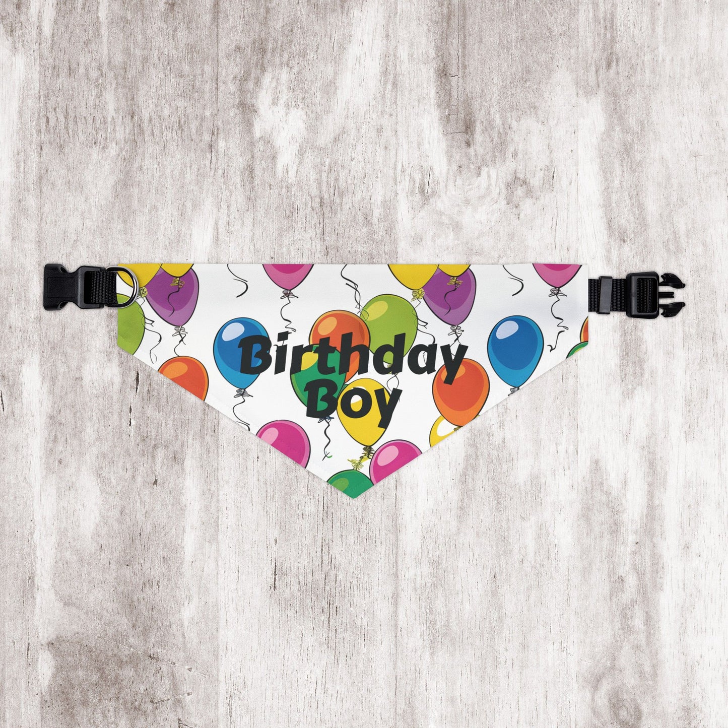 Birthday Boy Dog Bandana – Over-the-Collar Style, White with Colorful Balloons