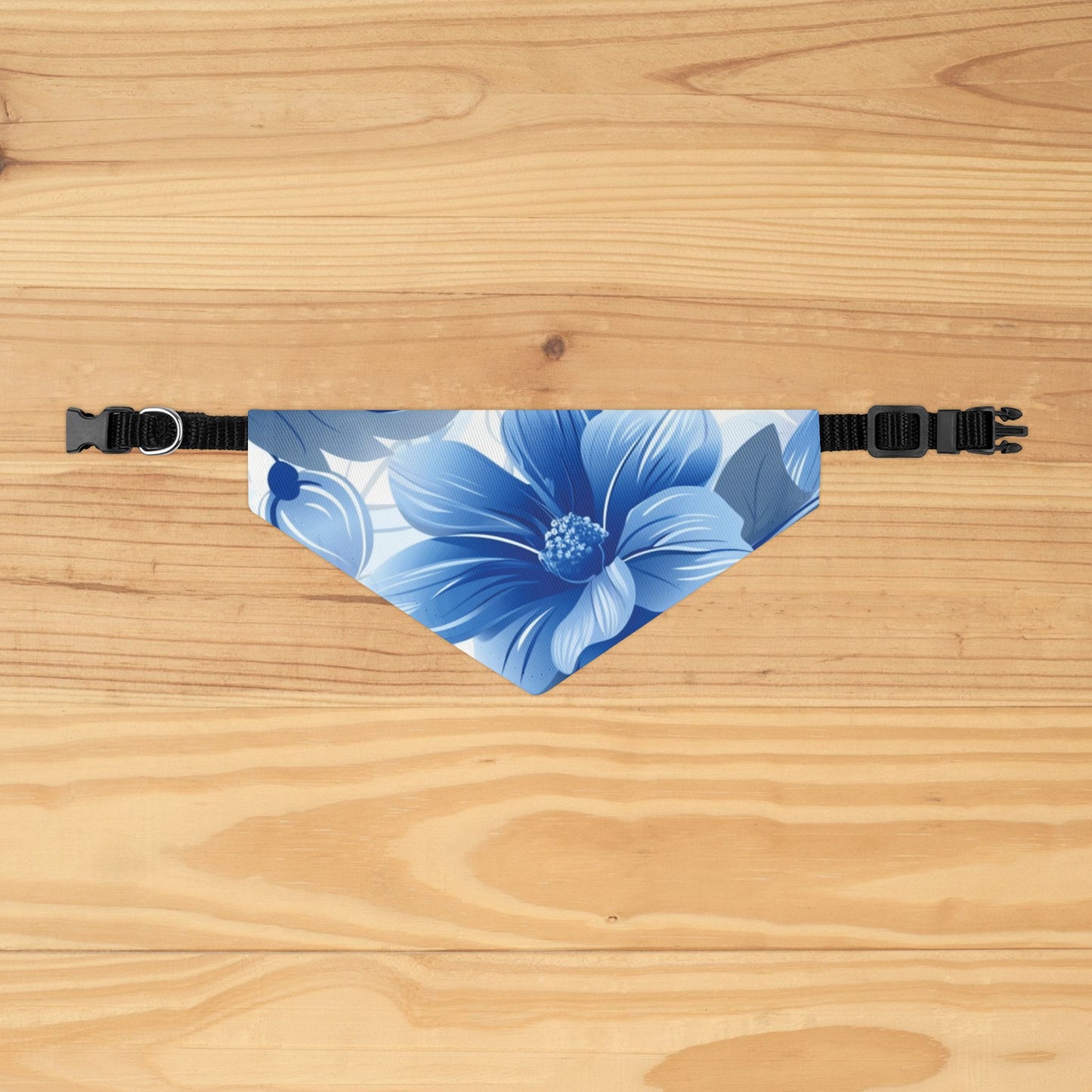 Blue and White Hawaiian Floral Dog Bandana, Over the Collar