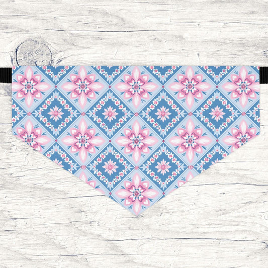 Blue & Pink Quilt Block Dog Bandana, Over the Collar