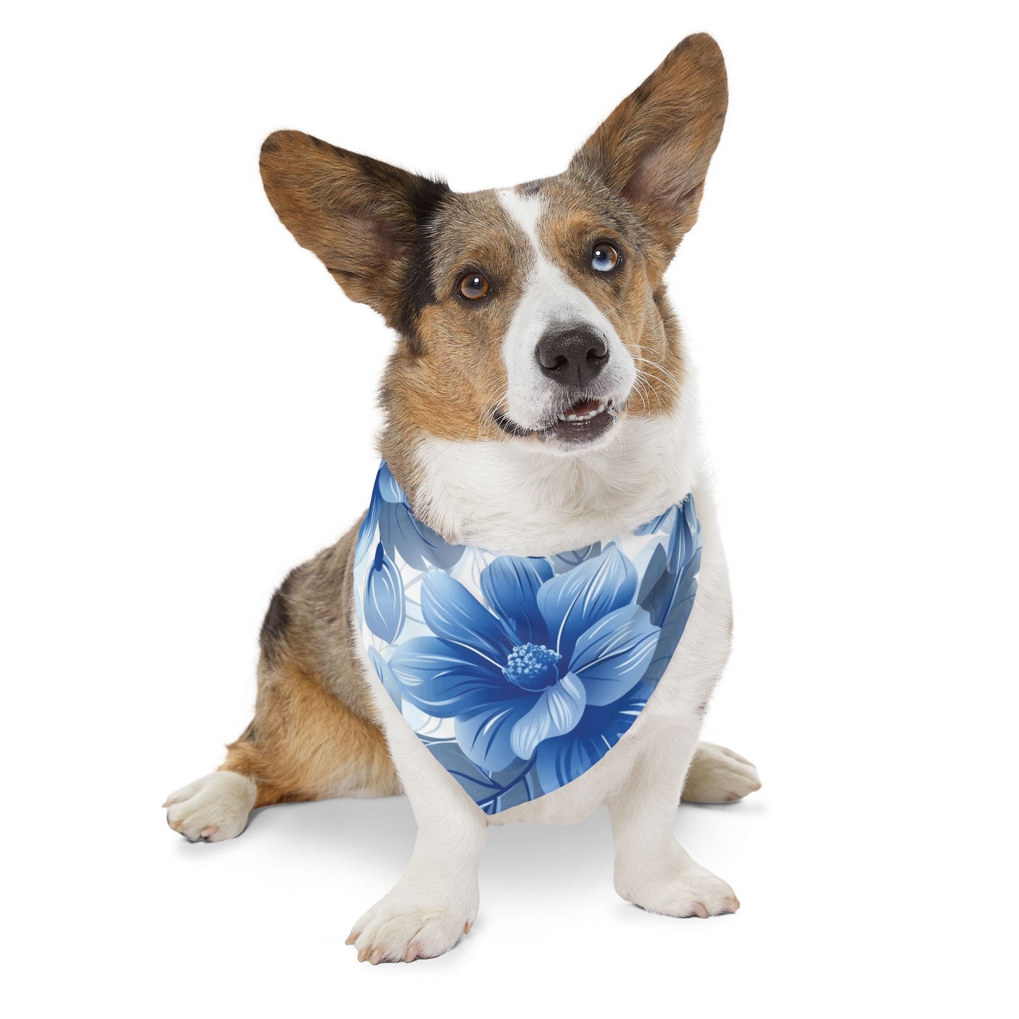 Blue and White Hawaiian Floral Dog Bandana, Over the Collar