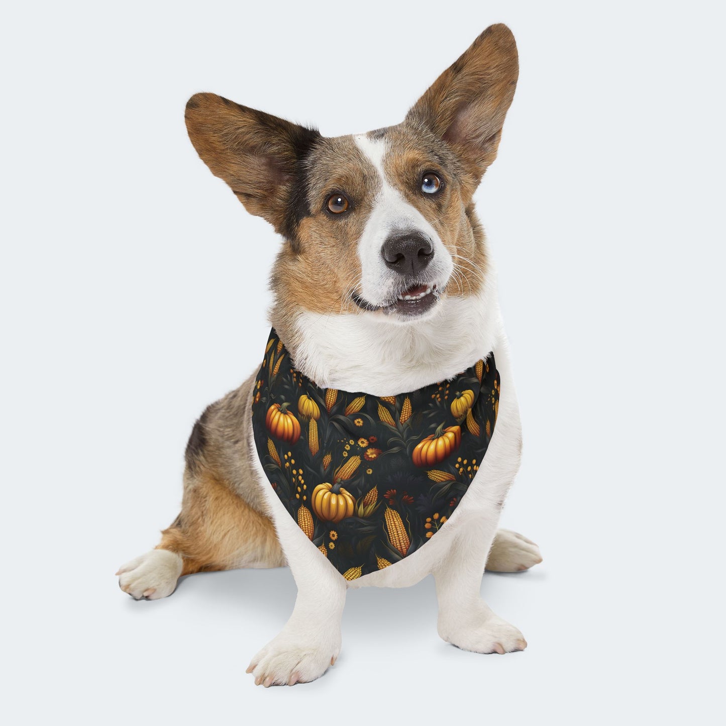 Fall Harvest Dog Bandana – Over-the-Collar – Pumpkins, Corn & Floral Pattern