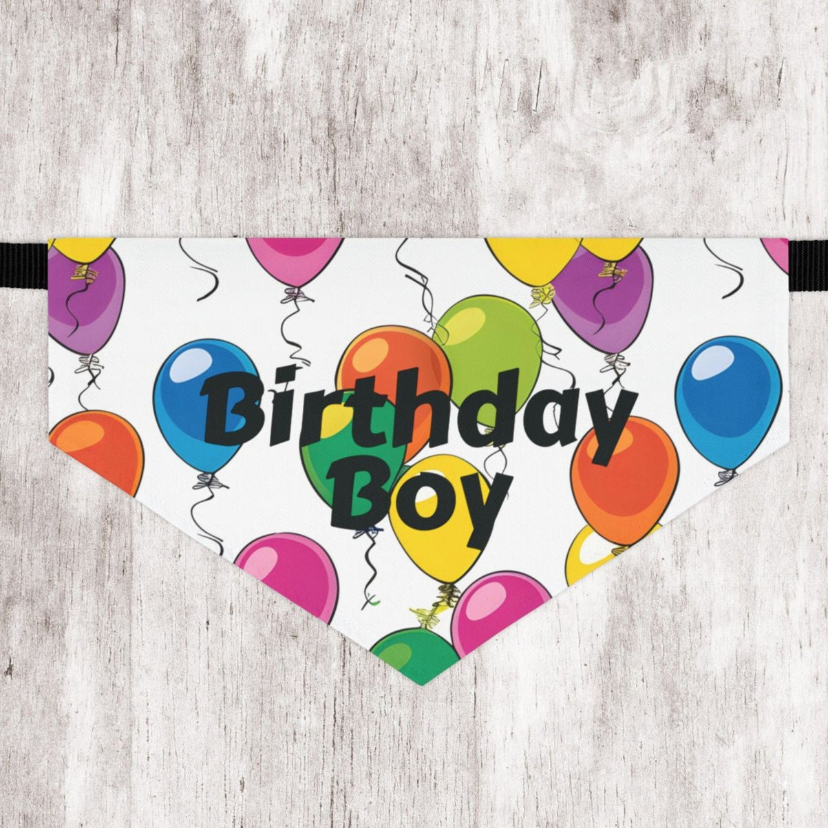 Birthday Boy Dog Bandana – Over-the-Collar Style, White with Colorful Balloons