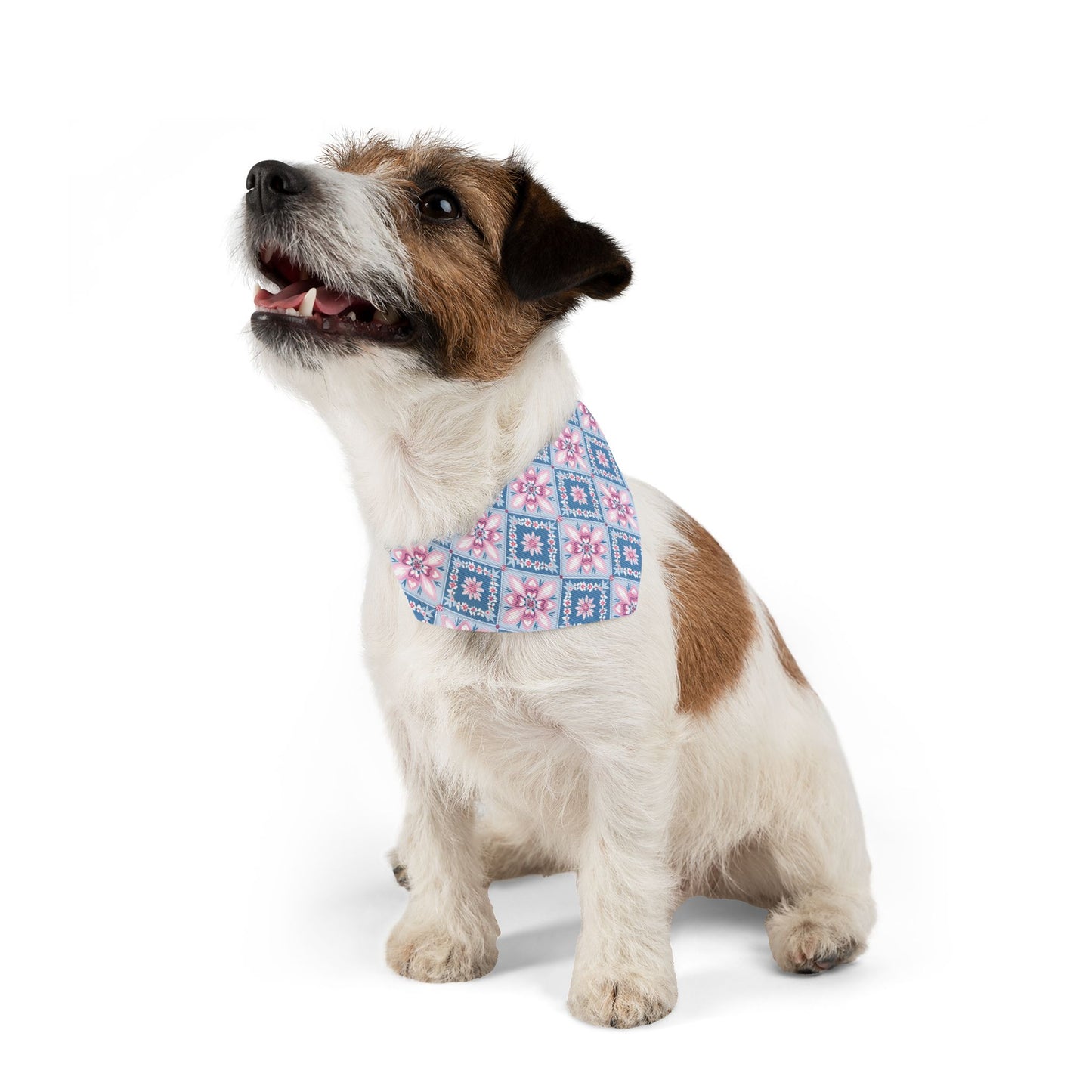 Blue & Pink Quilt Block Dog Bandana, Over the Collar