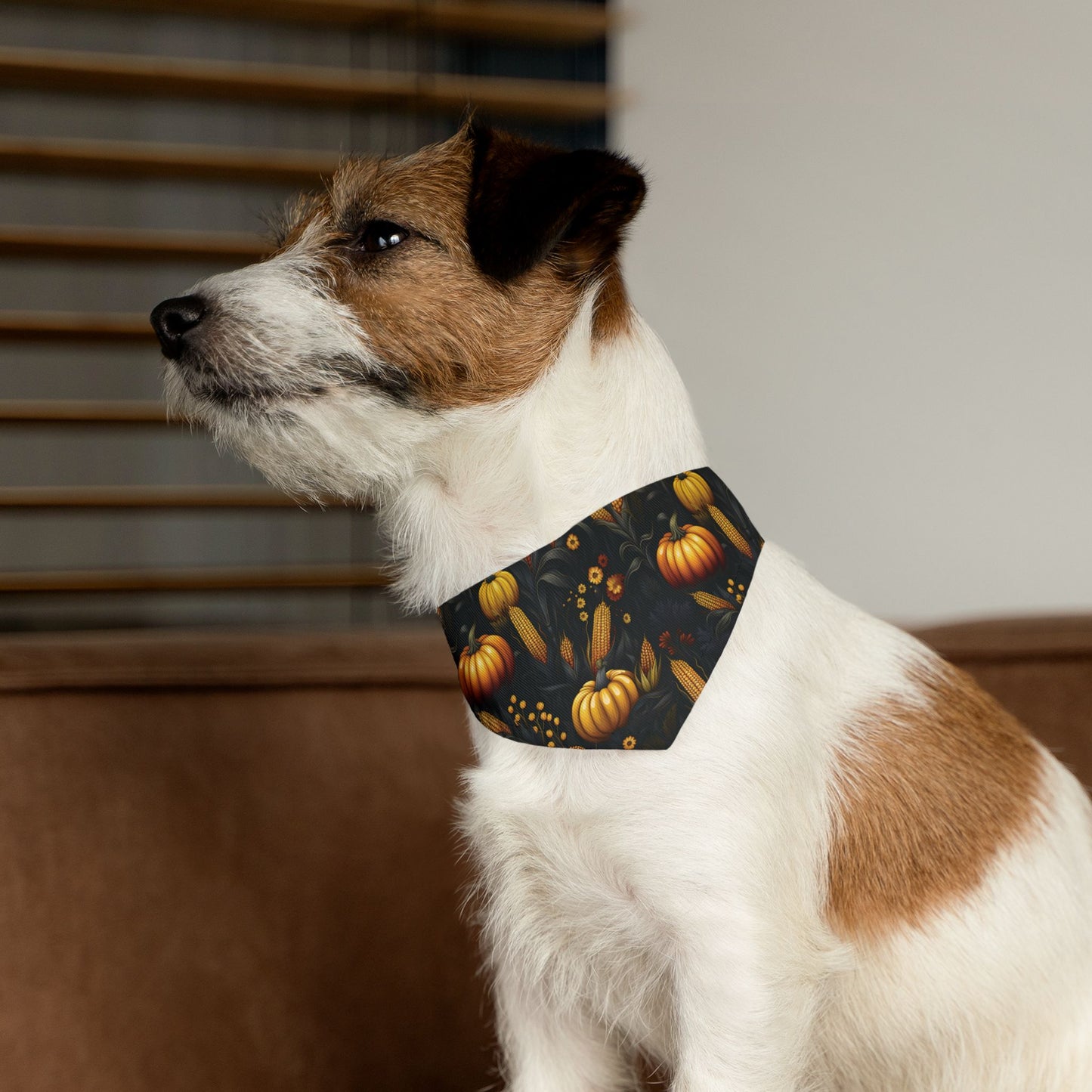 Fall Harvest Dog Bandana – Over-the-Collar – Pumpkins, Corn & Floral Pattern