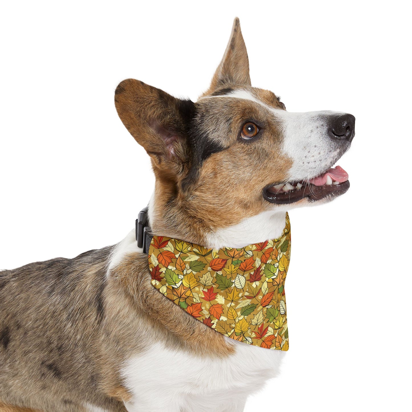 Autumn Leaves Dog Bandana – Tan Background with Yellow, Orange, Green & Red Leaf Pattern