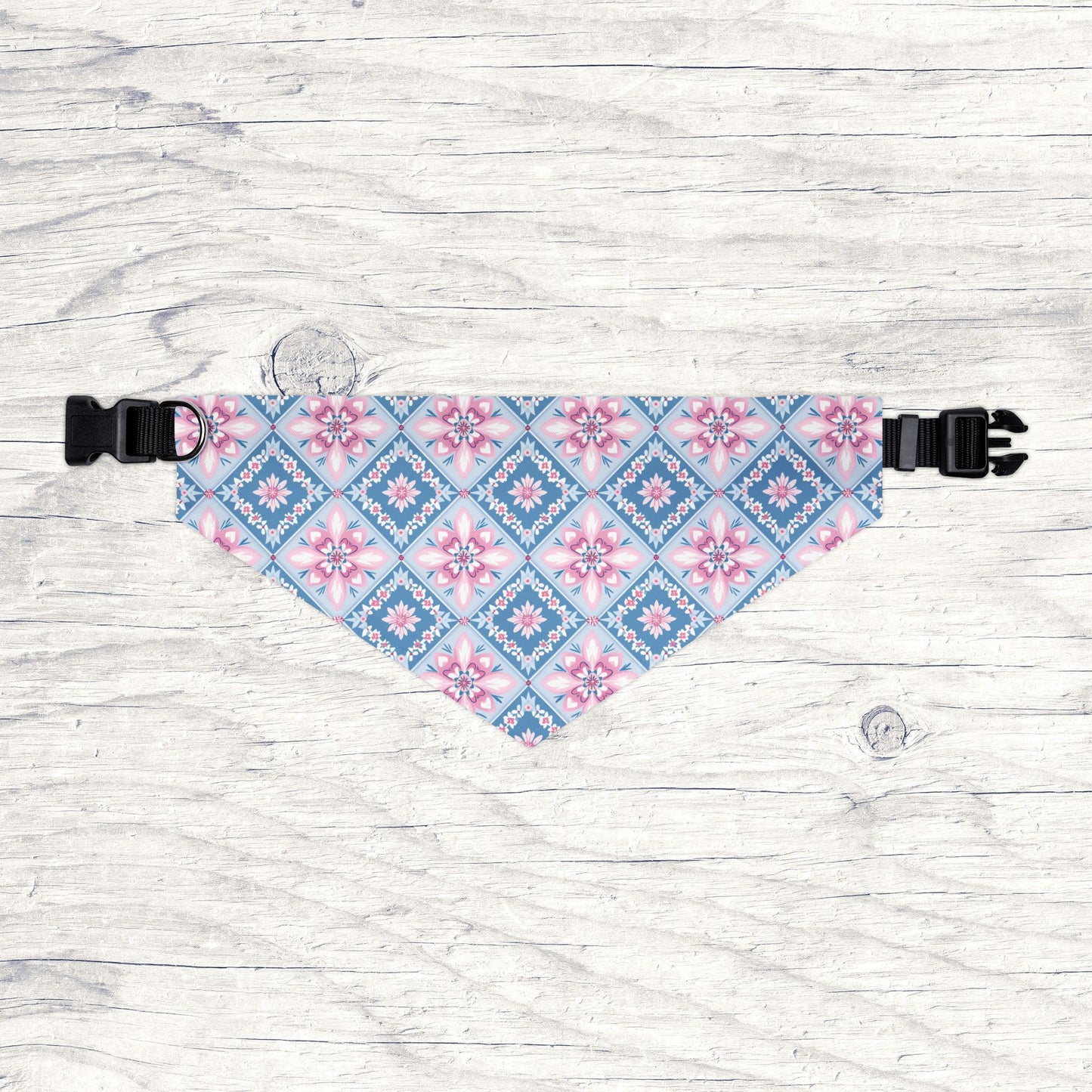 Blue & Pink Quilt Block Dog Bandana, Over the Collar