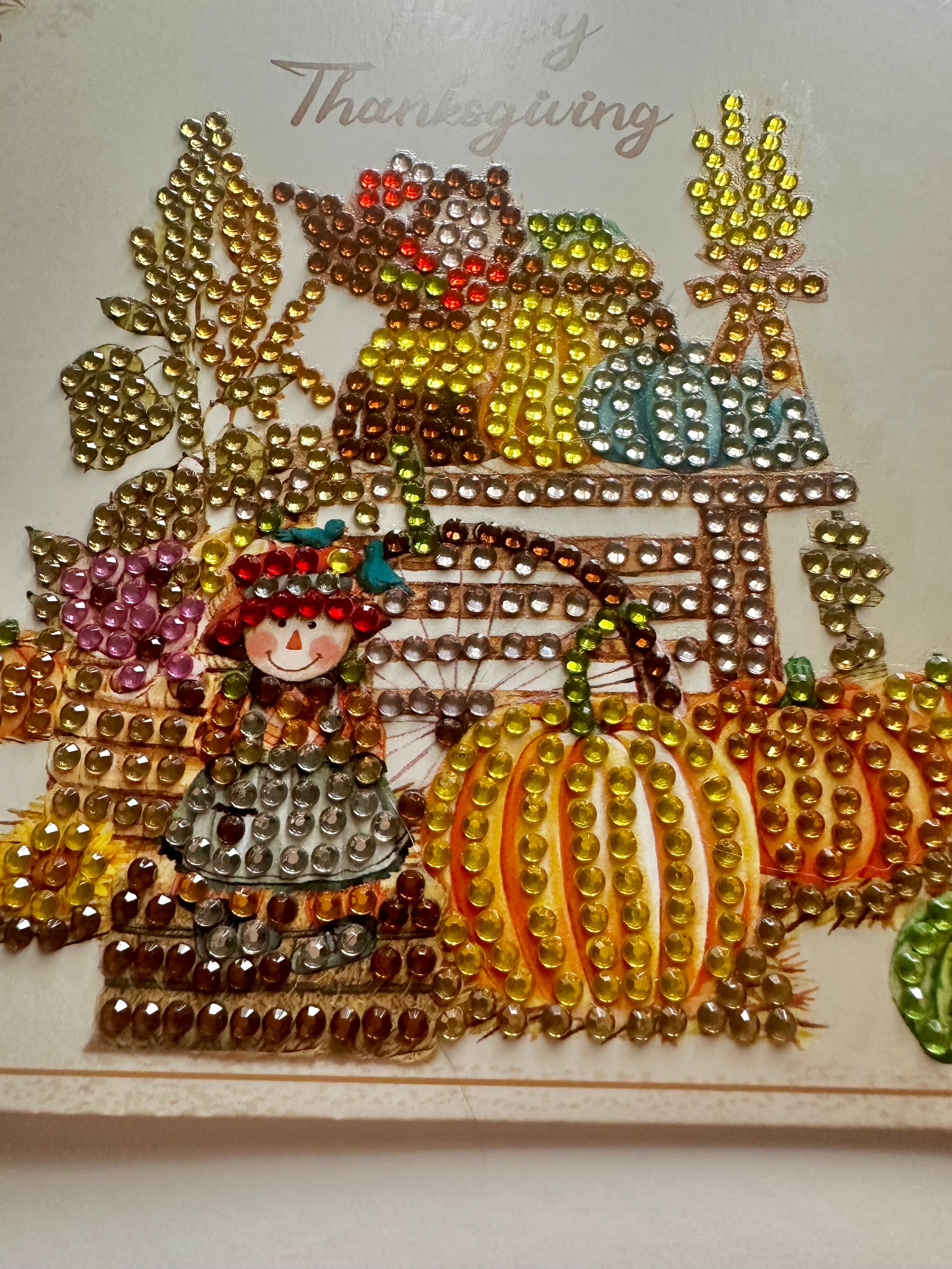 Happy Thanksgiving Diamond Dot Greeting Card – Scarecrow & Wagon Wheel Autumn Harvest