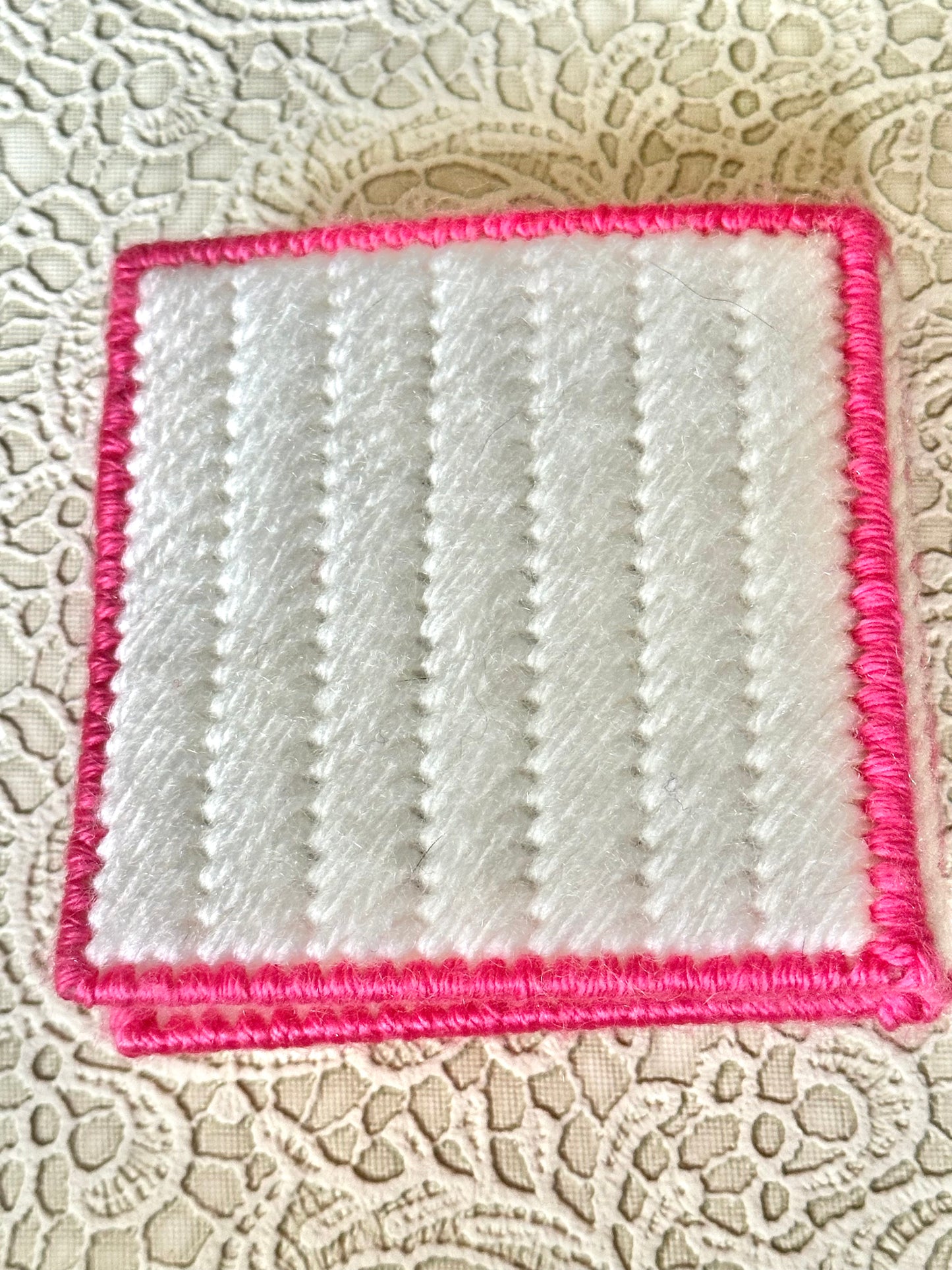 Handmade White Sticky Note Holder with Pink Trim & Flower – Plastic Canvas Cover