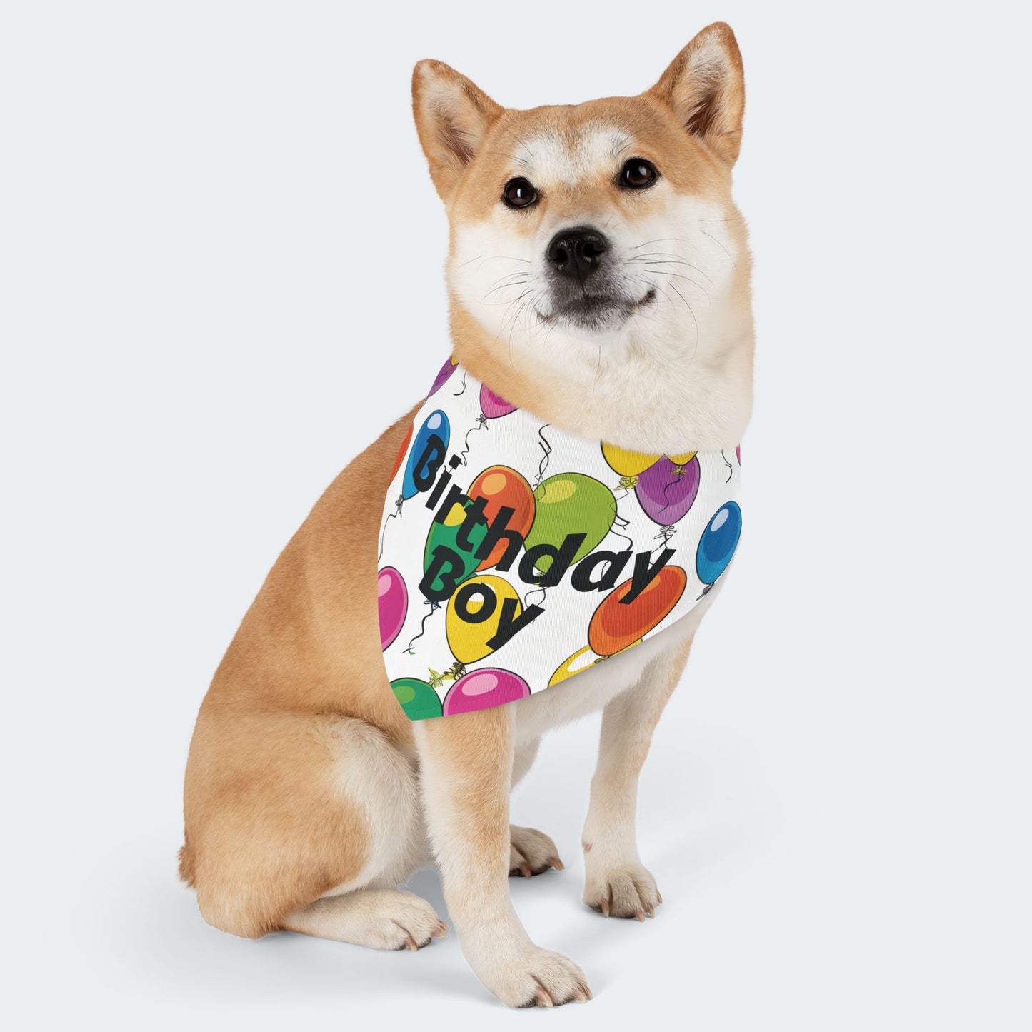 Birthday Boy Dog Bandana – Over-the-Collar Style, White with Colorful Balloons
