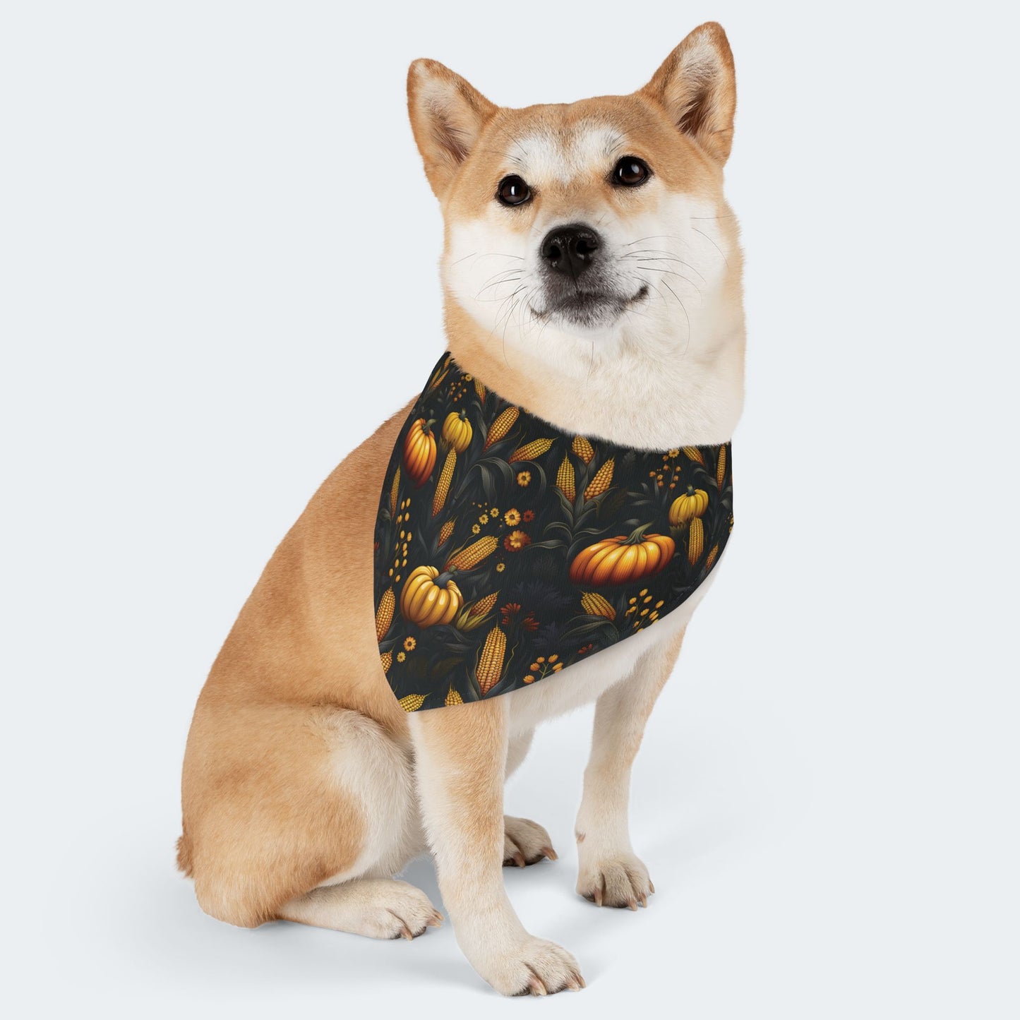 Fall Harvest Dog Bandana – Over-the-Collar – Pumpkins, Corn & Floral Pattern