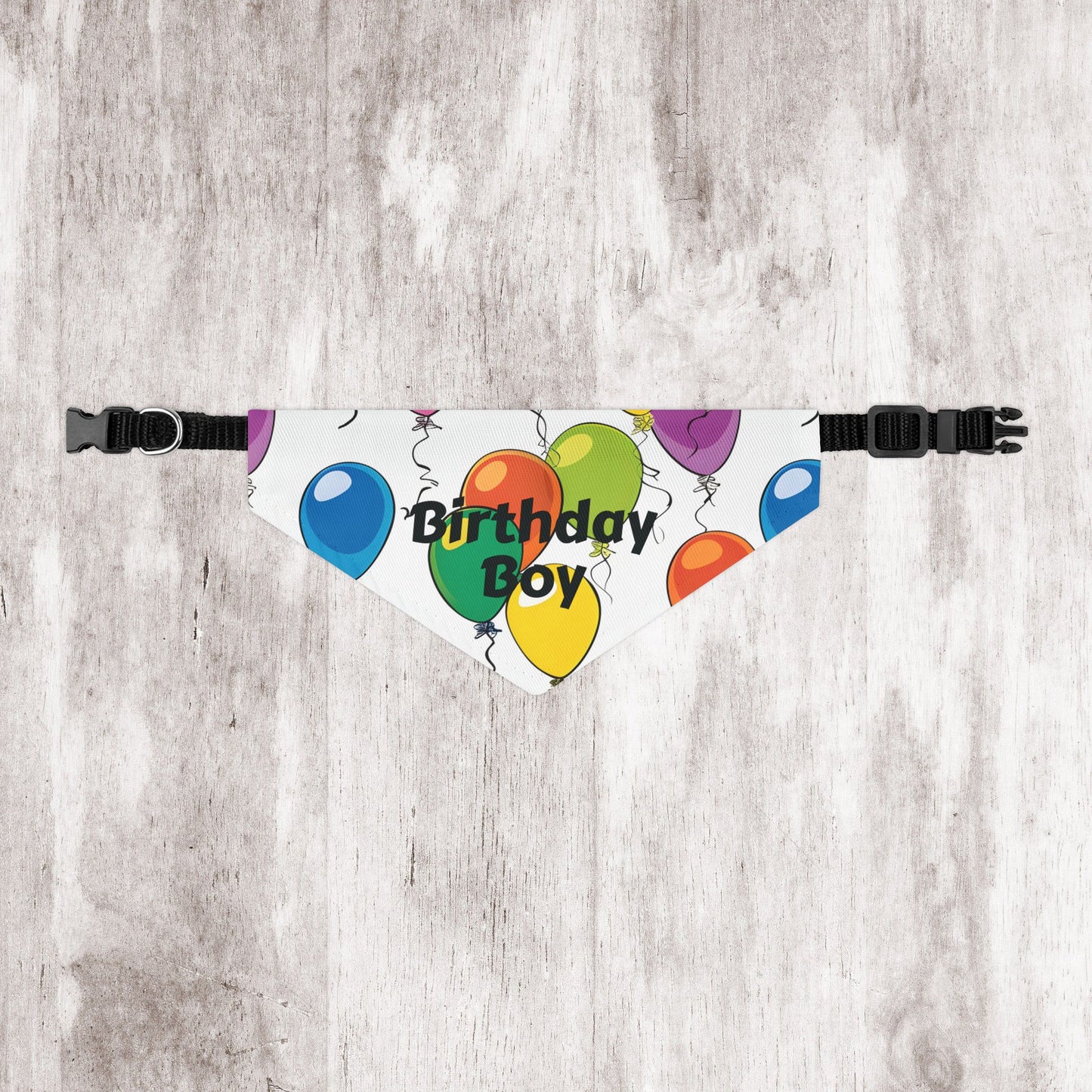 Birthday Boy Dog Bandana – Over-the-Collar Style, White with Colorful Balloons