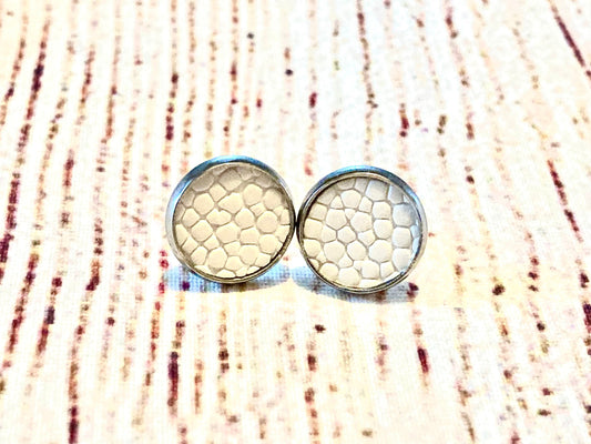 White Pebble Textured Faux Leather Stud Earrings