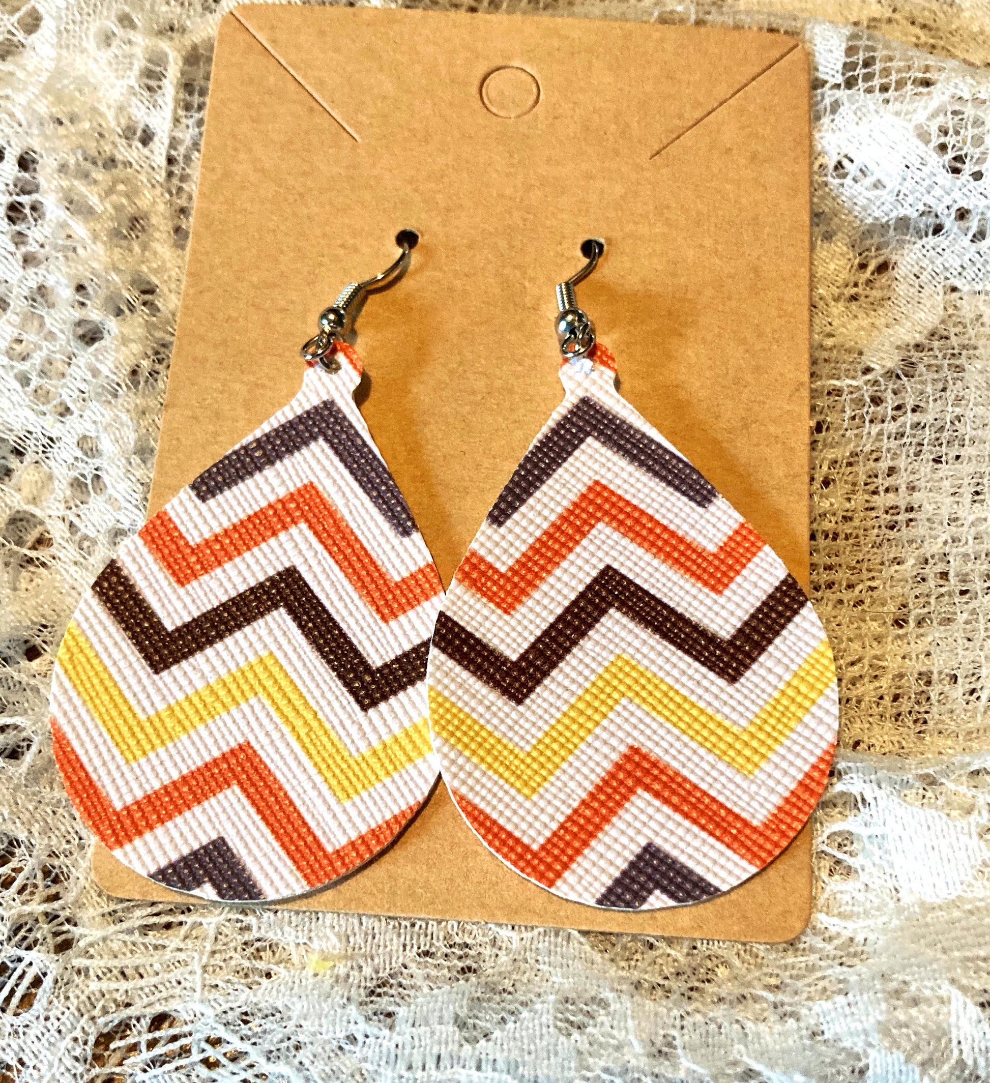 Fall Chevron Faux Leather Teardrop Earrings with fish hooks.