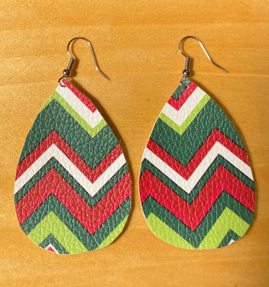 Red, Green, White Chevron Faux Leather Teardrop Earrings with fish hooks