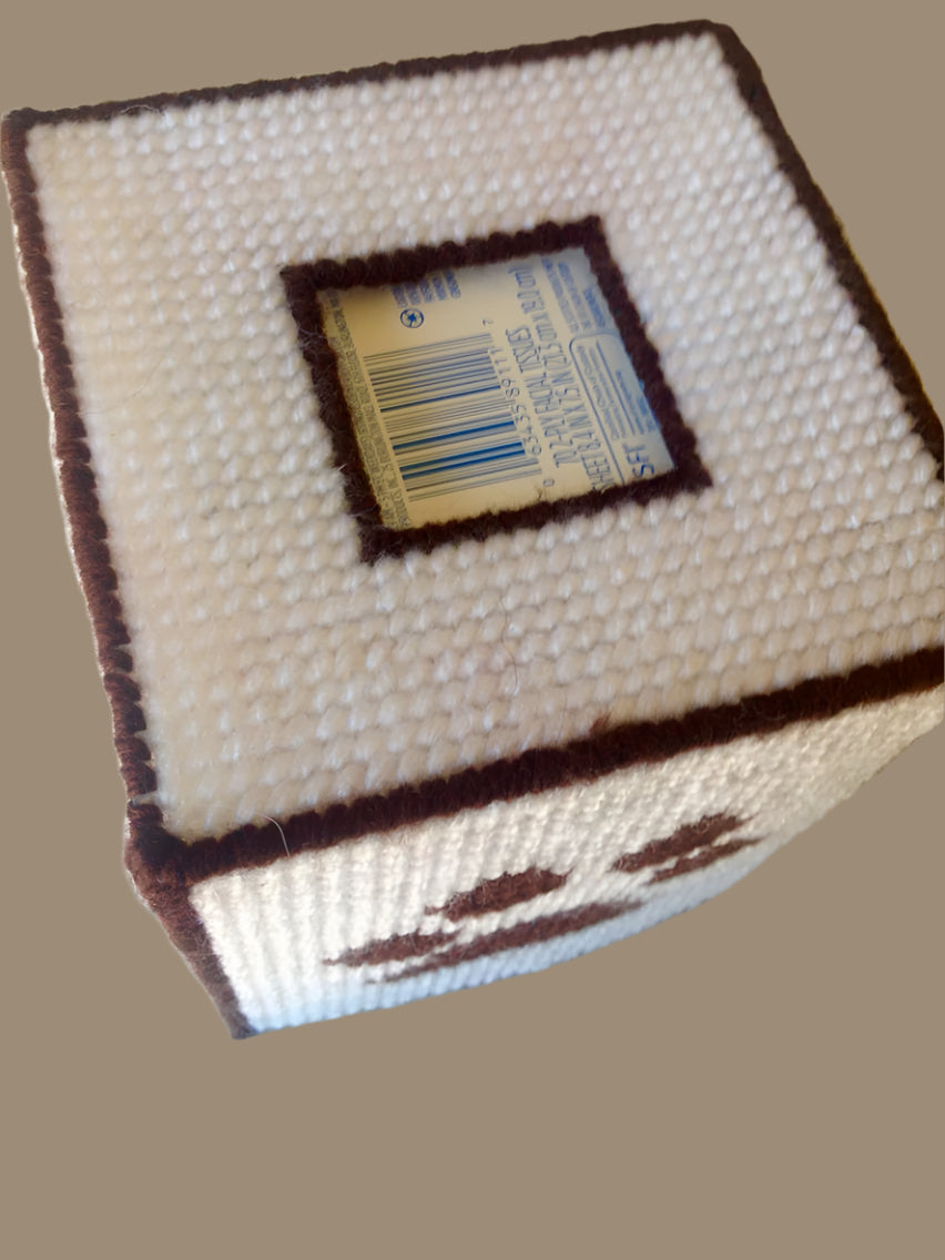 Handmade Plastic Canvas Tissue Box Cover – Paw Print Design, Brown and white stitched