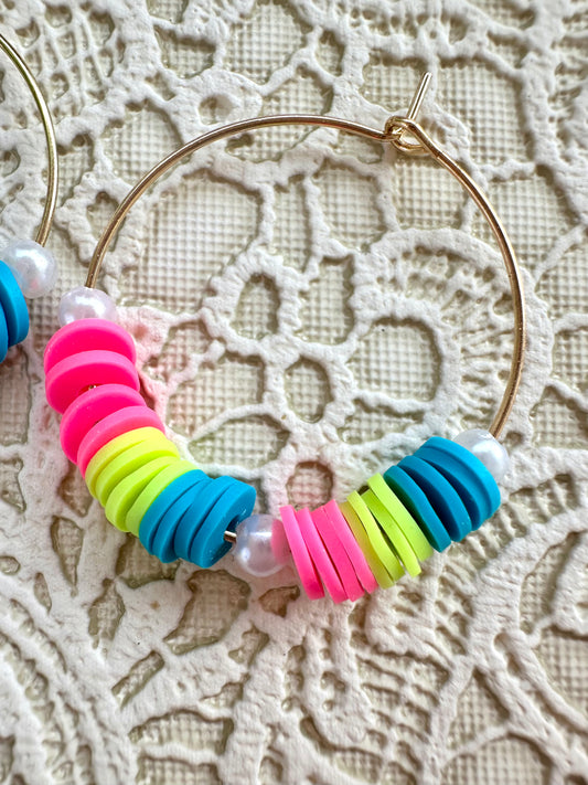 Neon Heishi Beaded Hoop Earrings with Faux Pearls – Bright Summer Jewelry