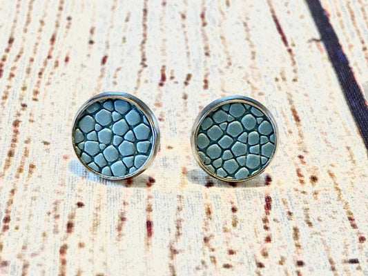 Blue Grey Pebble Textured Faux Leather Stud Earrings