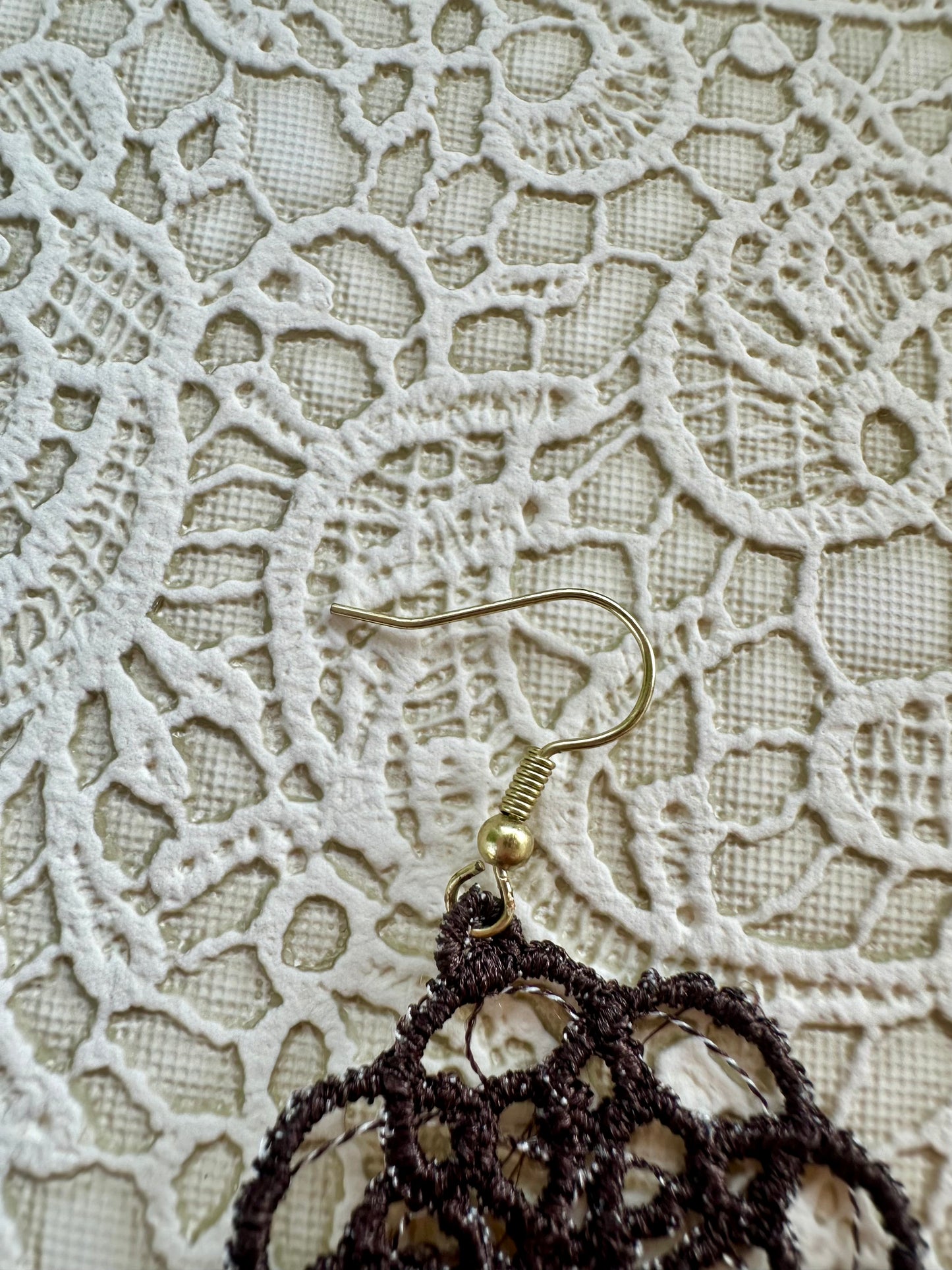 Dark Brown Free Standing Lace Earrings – 1.5" Handmade Embroidered Statement Jewelry