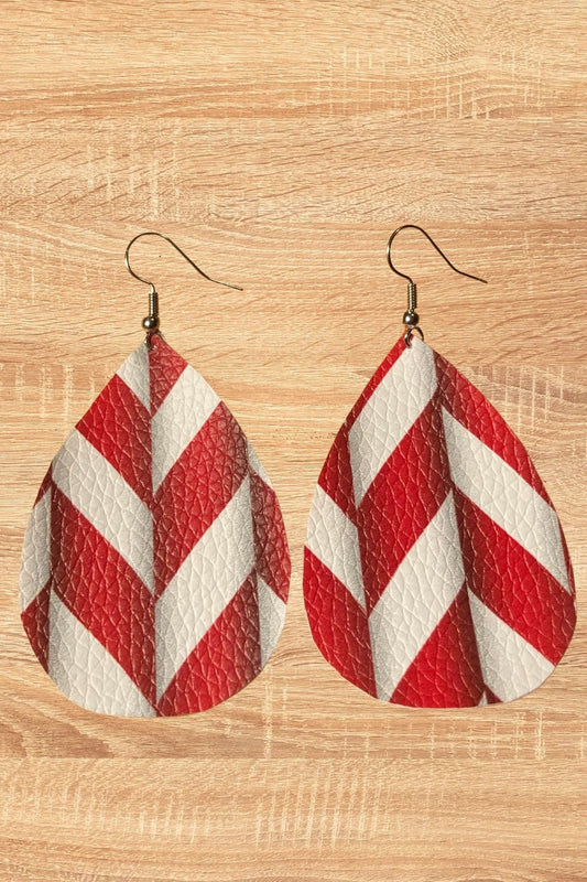 Red & White Candy Cane Striped Faux Leather Teardrop Earrings